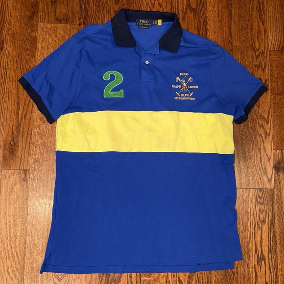 Polo Ralph Lauren Short Sleeve Rugby Polo Men's XL #2 Blue Striped Pony Logo - Picture 2 of 5